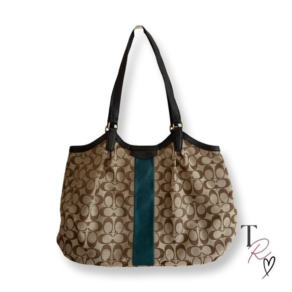 Coach Y2K Devin Signature Stripe Canvas & Leather Tote Shoulder Bag Brown/Green - Picture 1 of 15